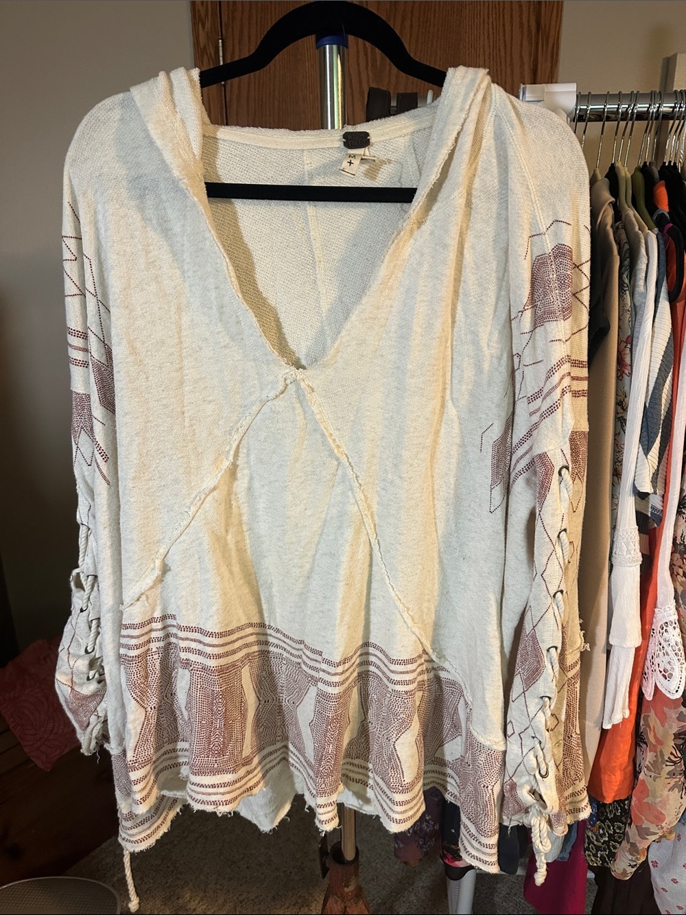 We The Free Cream Hooded Pullover with burgundy Geometric Print